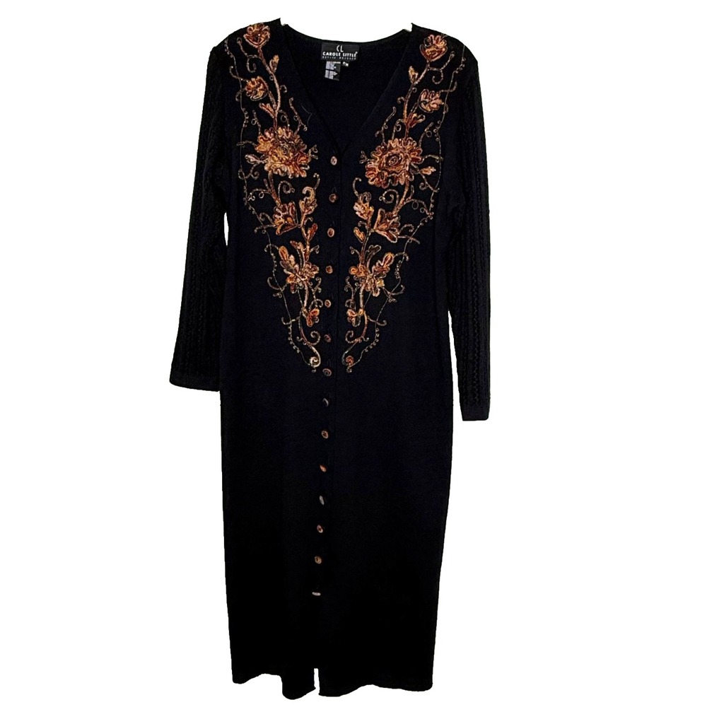 Vintage Carole Little Long Sweater Dress Size MP Black‎ Embroidered Knit Floral